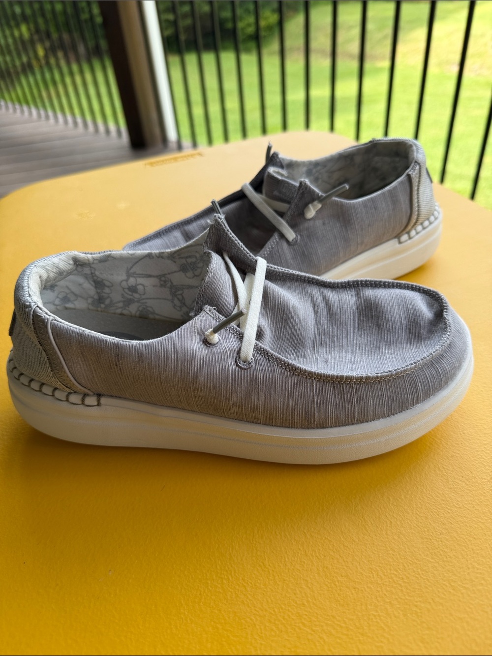 Hey Dude Womens Light Gray Canvas Slip-On Loafers with White Sole